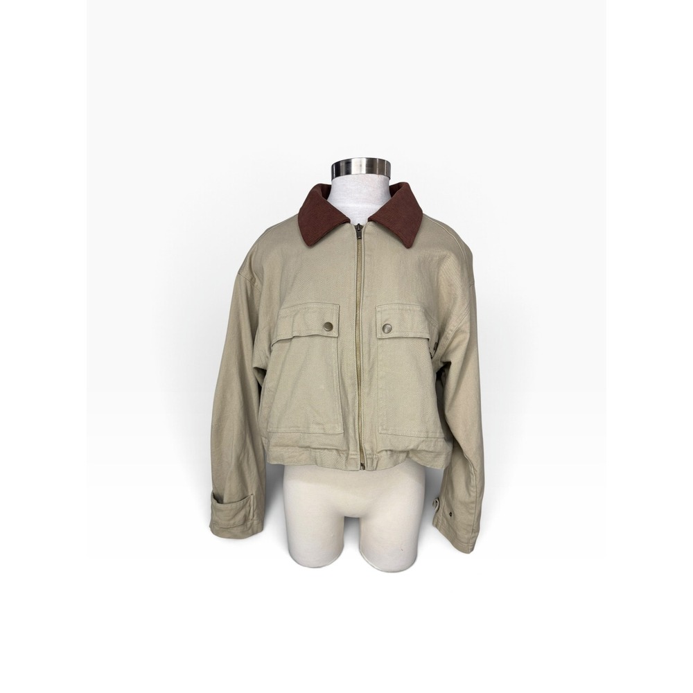No Boundaries Cropped Canvas Jacket Tan Corduroy Collar Utility Workwear Y2K